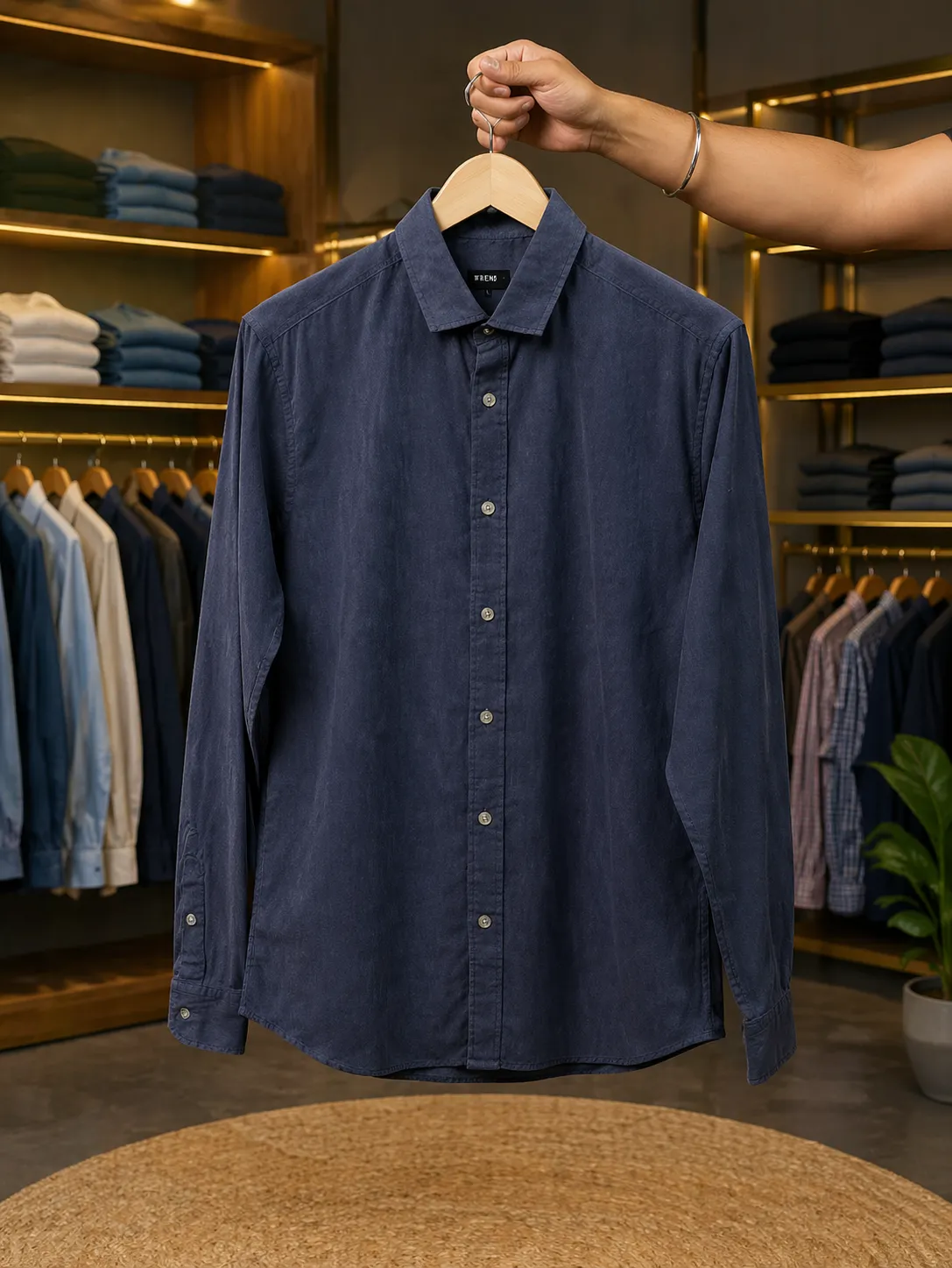Men's Navy Blue Textured Long-Sleeve Button-Down Shirt